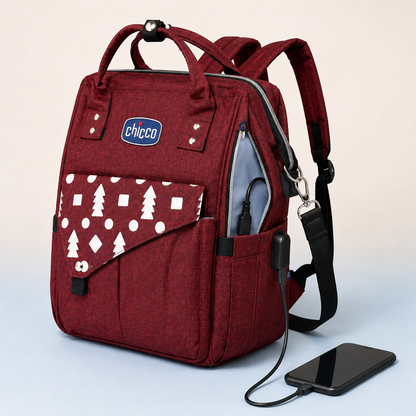 Burgundy mother and baby backpack USB access