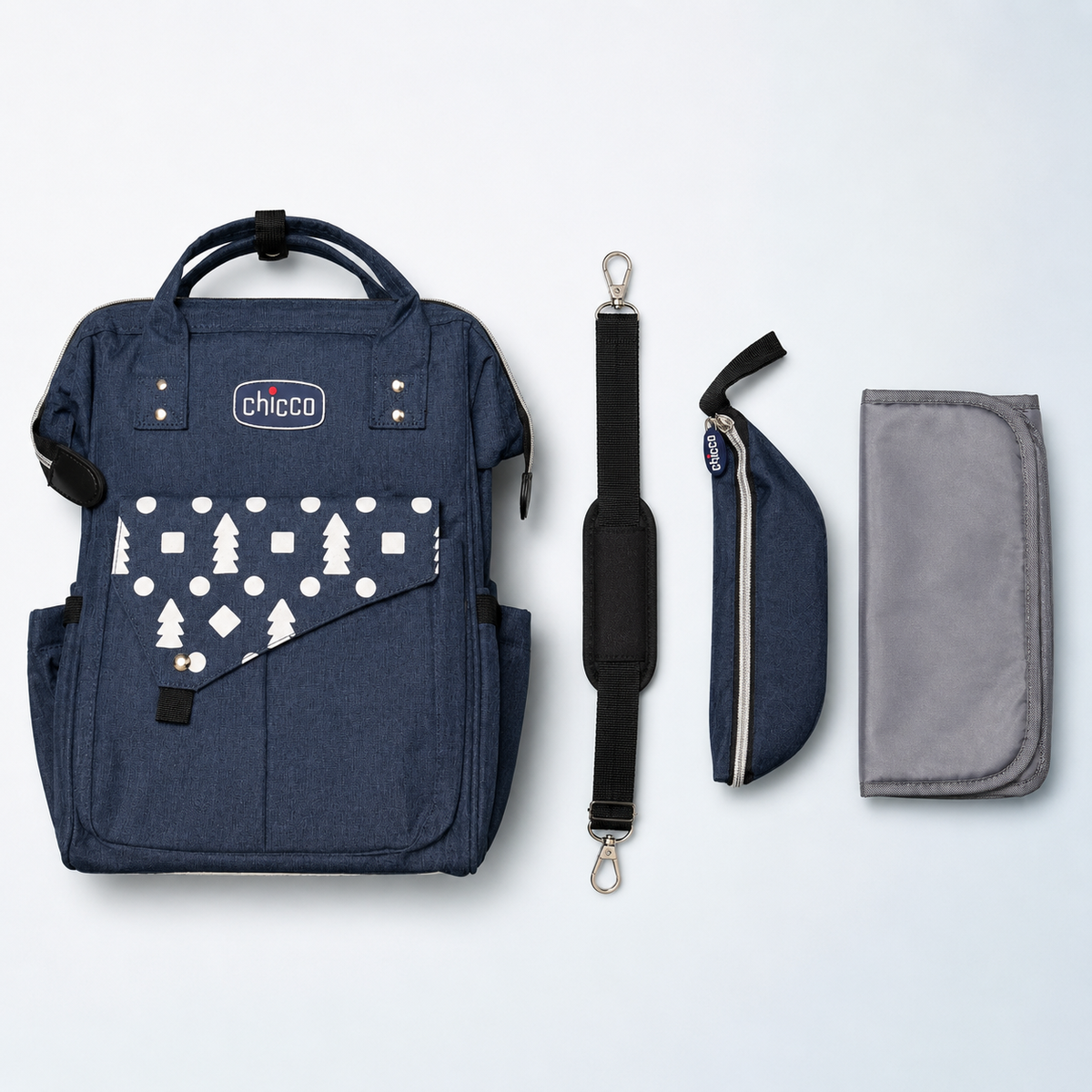 Navy backpack with shoulder strap bottle pouch and changing mat