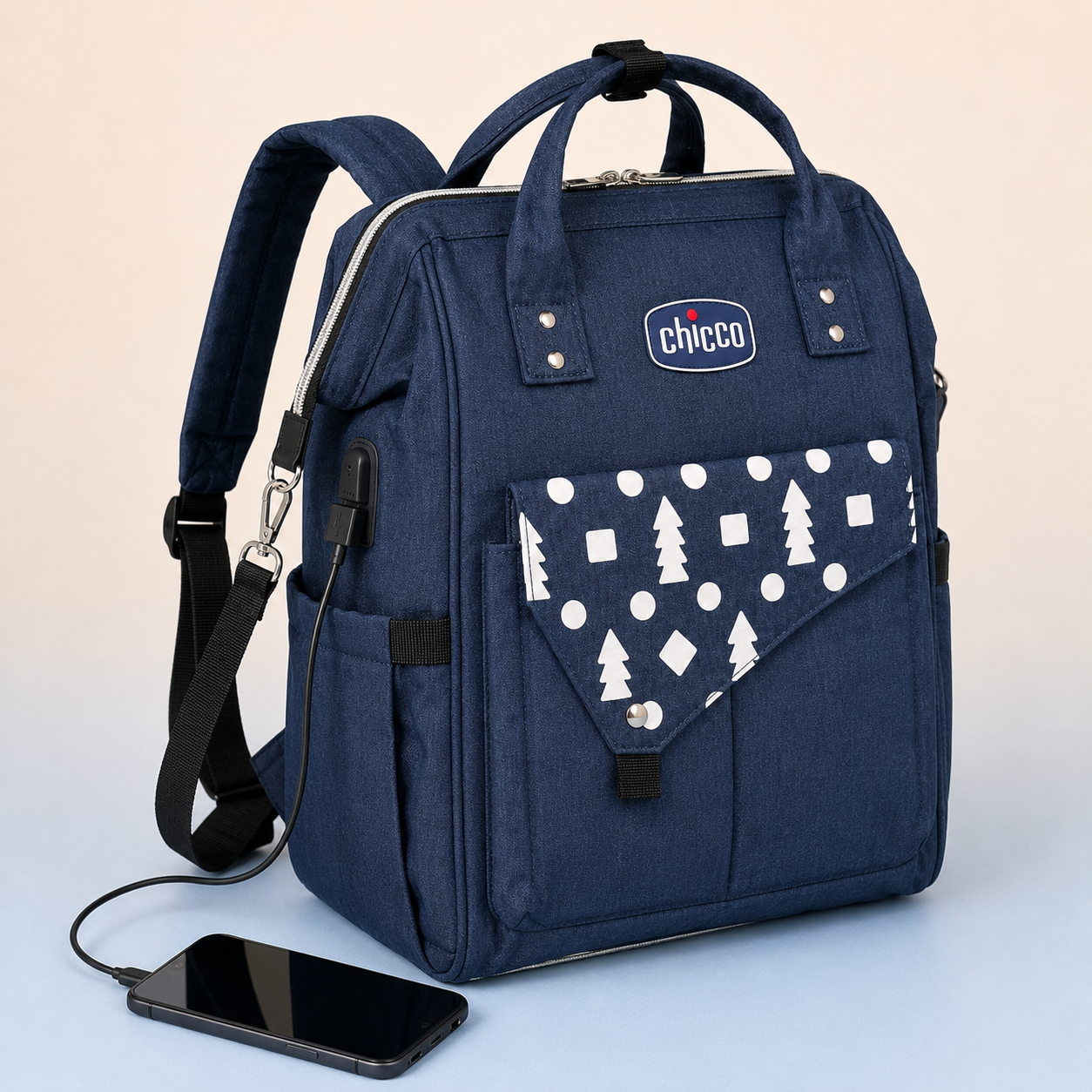 Navy mother and baby backpack USB access
