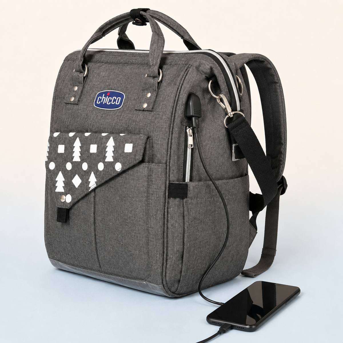 USB charging access on mother and baby backpack