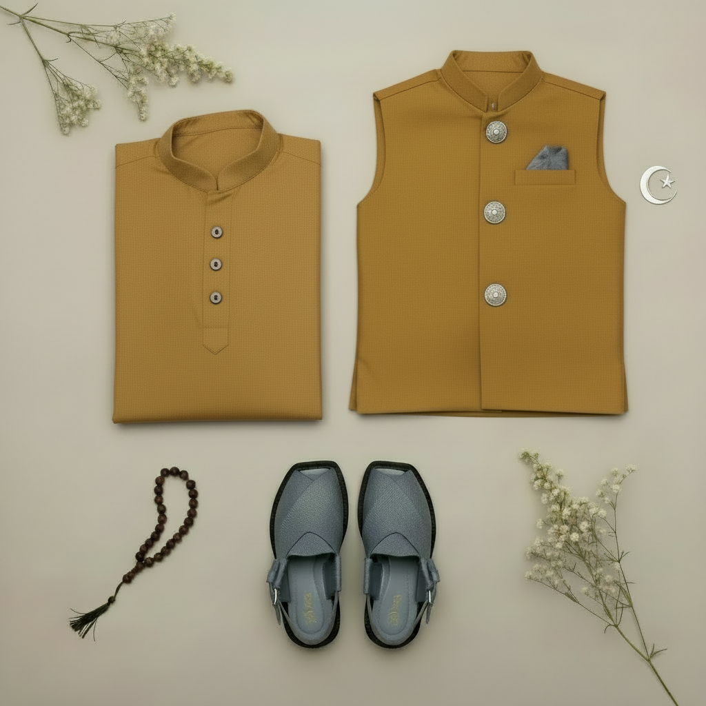 Boys Camel Brown Kurta Shalwar with Waistcoat & Gray Kaptaan Chappal