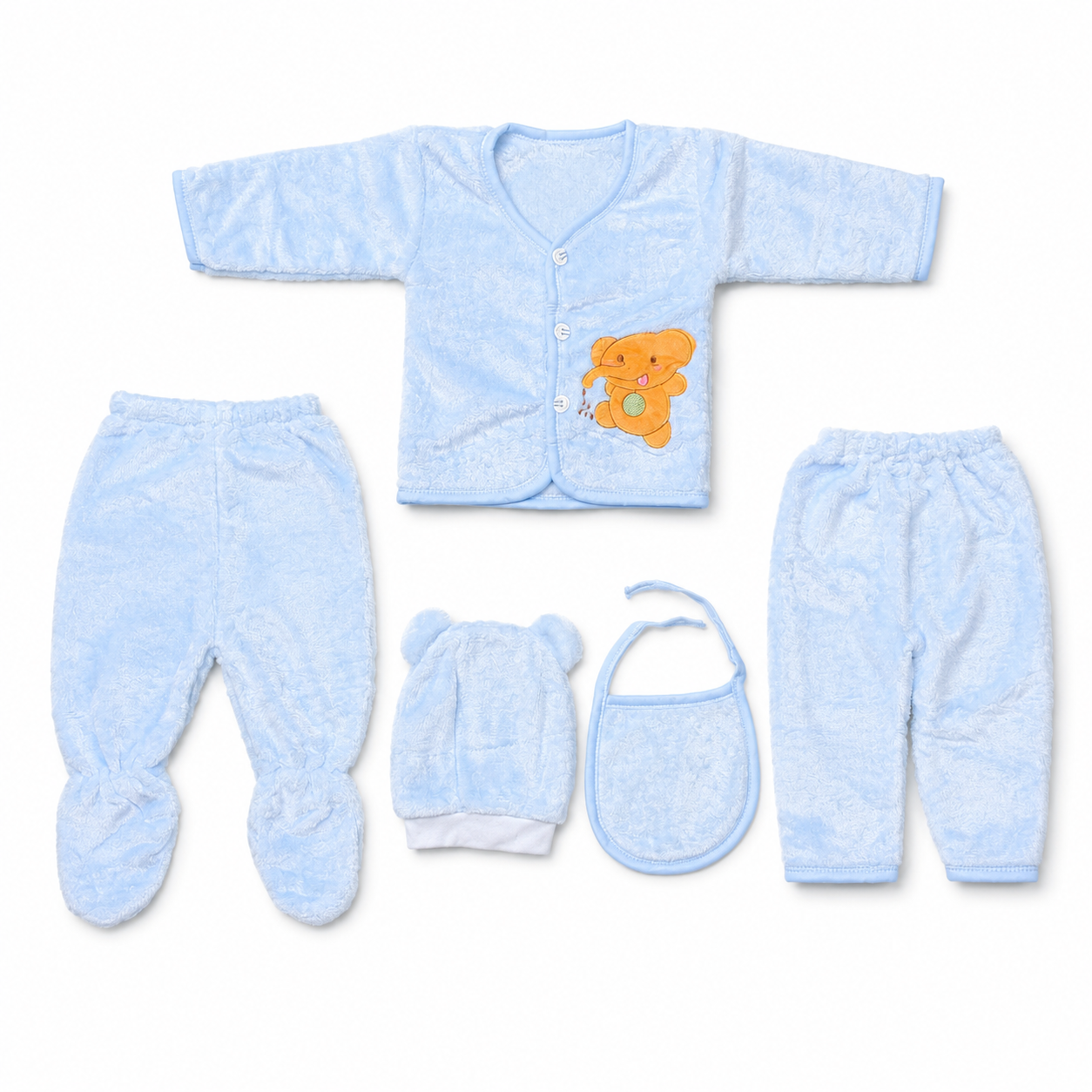 Blue newborn plush baby clothing set flat lay with teddy applique