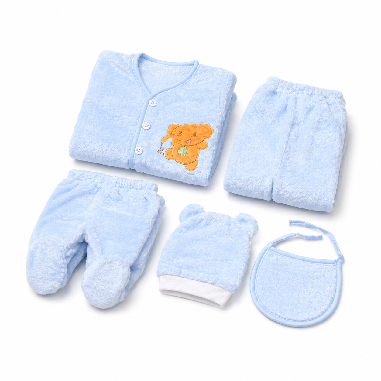 Blue newborn plush baby clothing set folded retail product photo