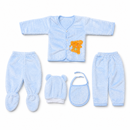 Blue newborn plush baby clothing set clean catalog product photo