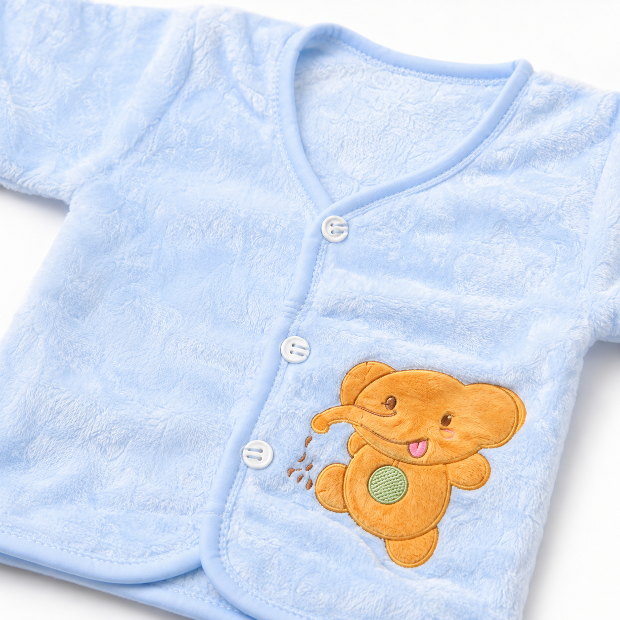 Blue newborn plush baby clothing set jacket applique detail photo