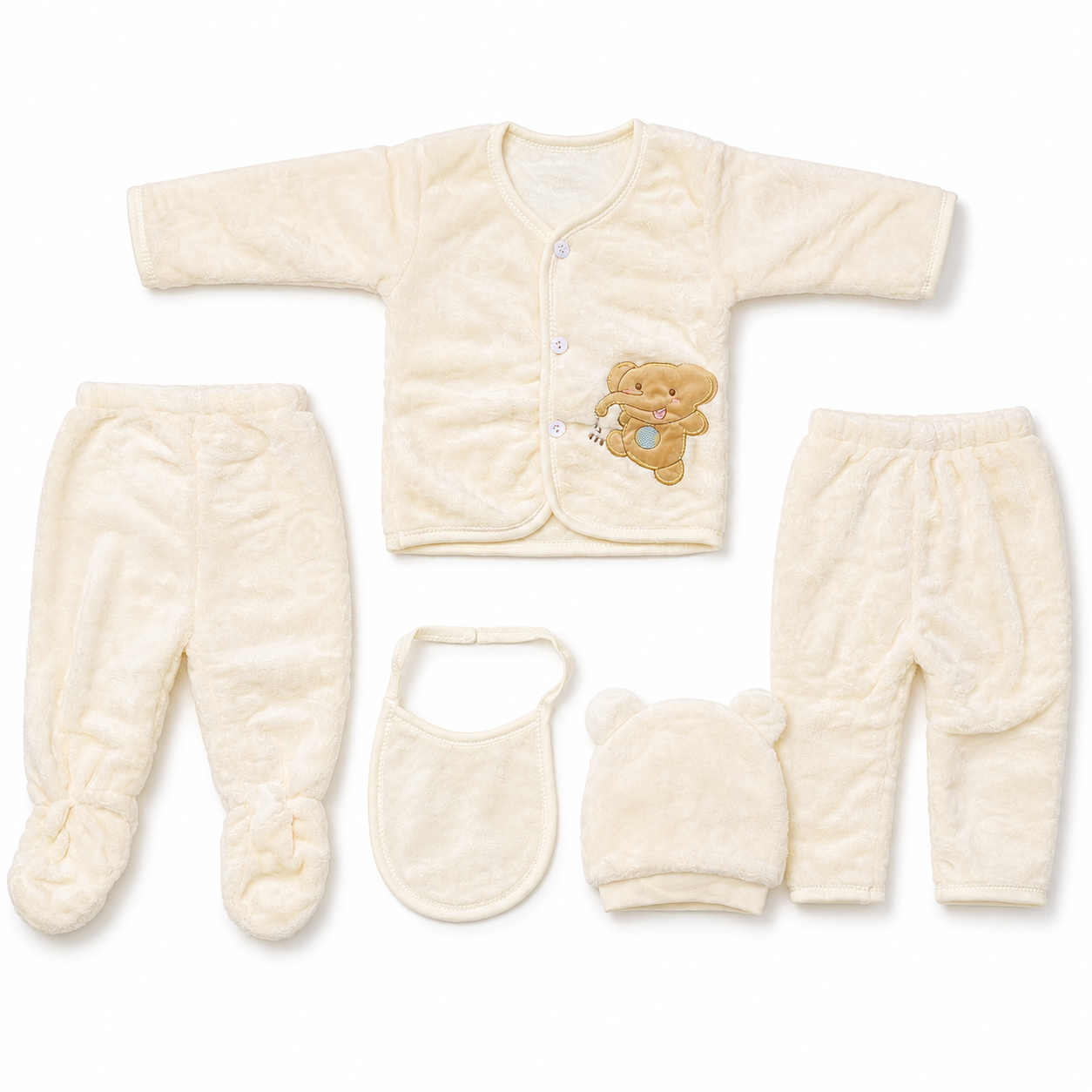 Cream newborn plush baby clothing set flat lay with teddy applique
