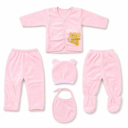 Pink newborn plush baby clothing set flat lay with teddy applique