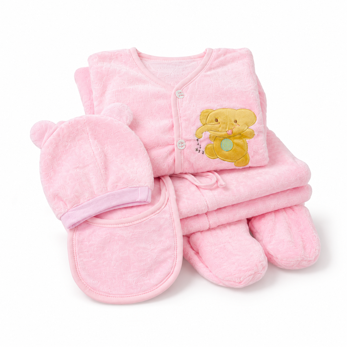 Pink newborn plush baby clothing set folded retail product photo