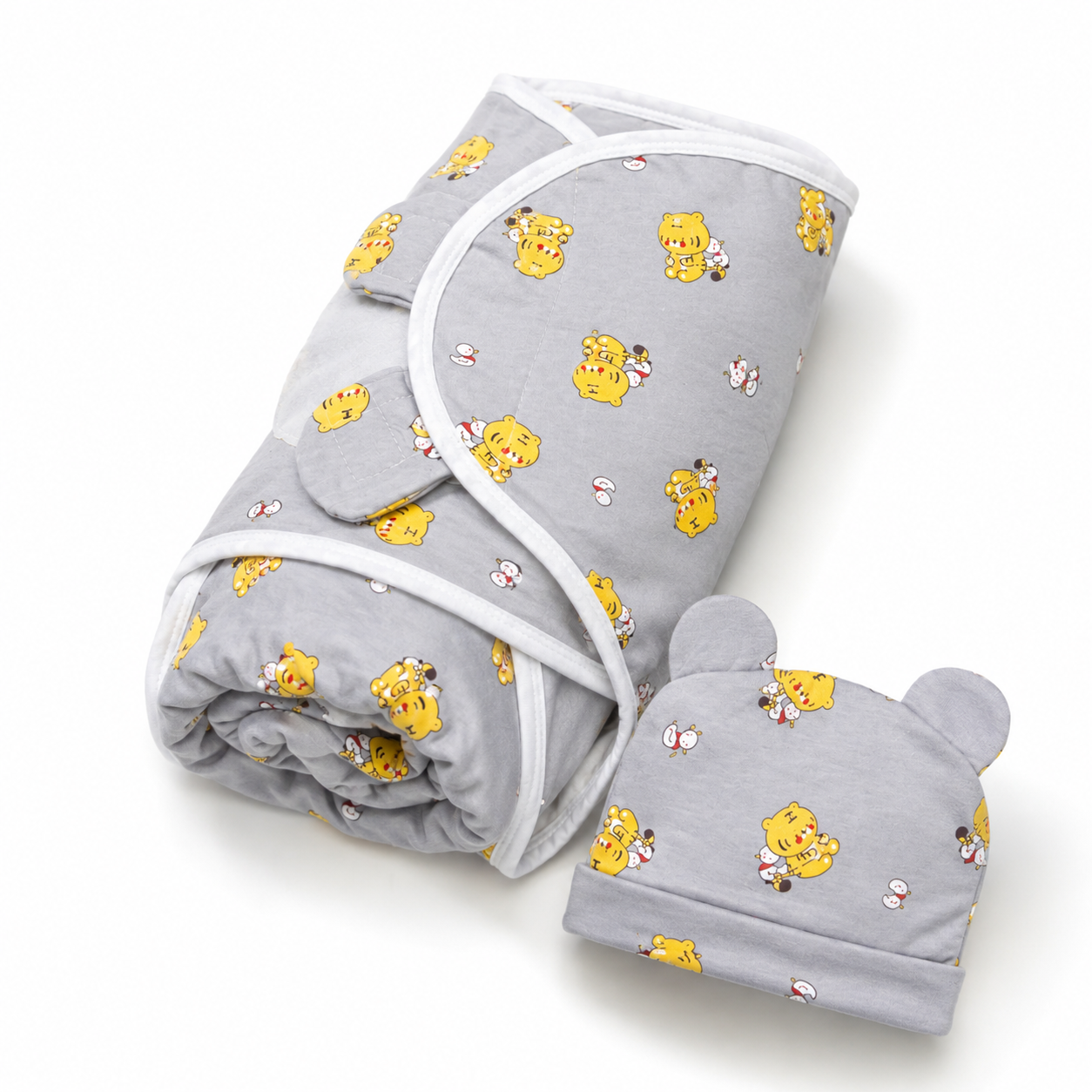 Newborn baby swaddle wrap with matching cap grey tiger print hero product photo on white background
