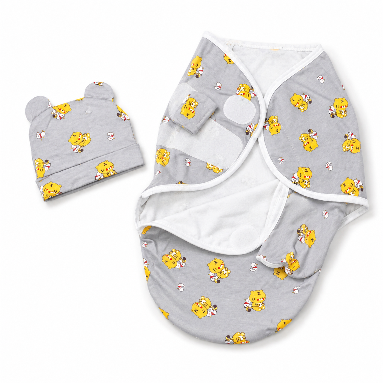Folded newborn baby swaddle wrap with matching cap grey tiger print product photo