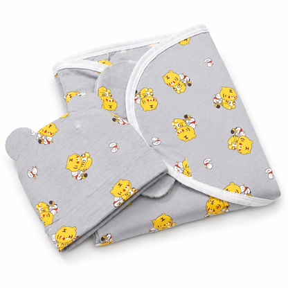Open wrap feature shot of grey tiger print newborn baby swaddle with matching cap