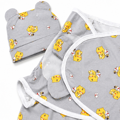 Front view newborn baby swaddle wrap with matching cap grey tiger print on white background