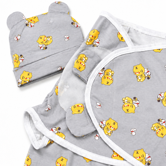 Front view newborn baby swaddle wrap with matching cap grey tiger print on white background