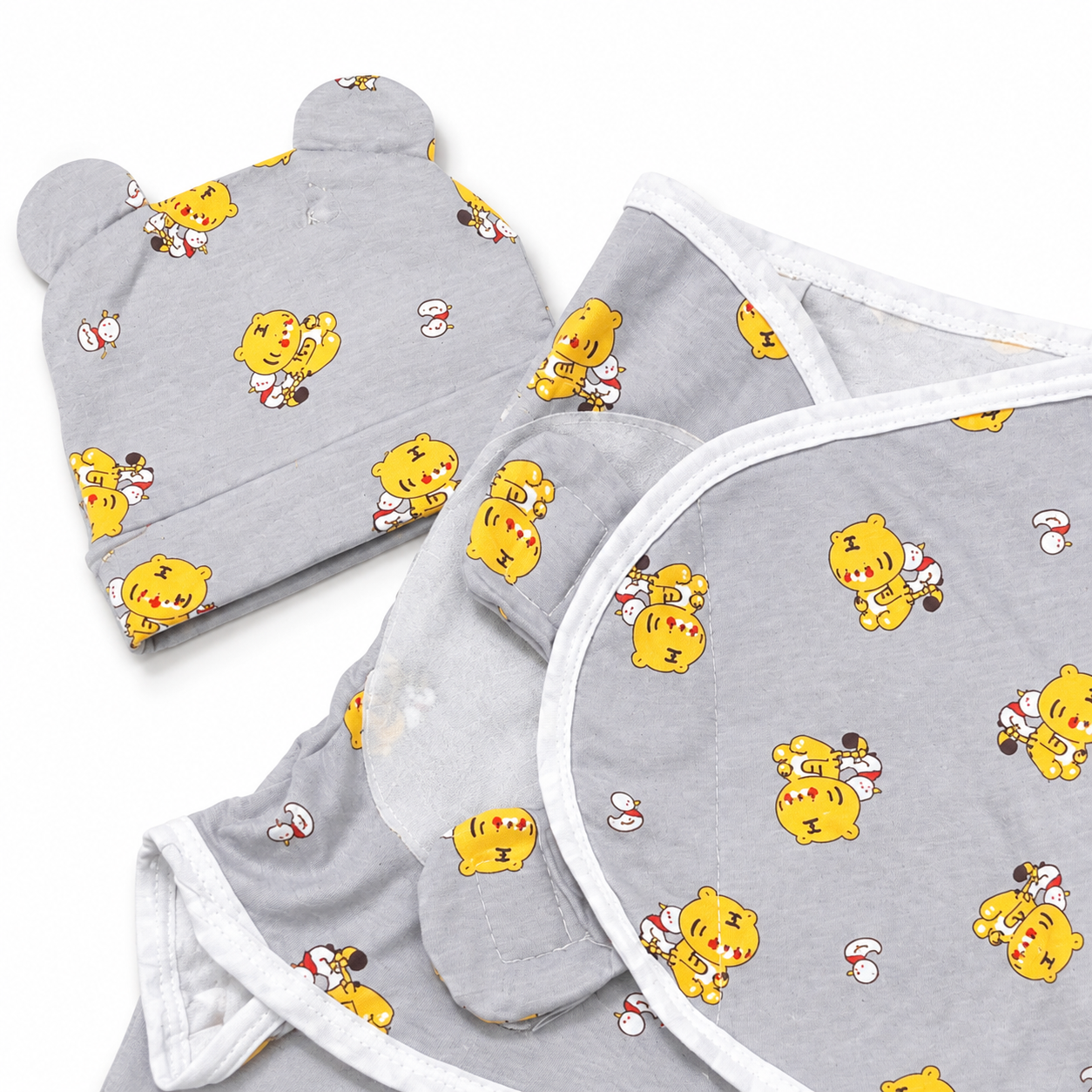 Gift-ready grey tiger print newborn swaddle wrap and matching cap set product photo