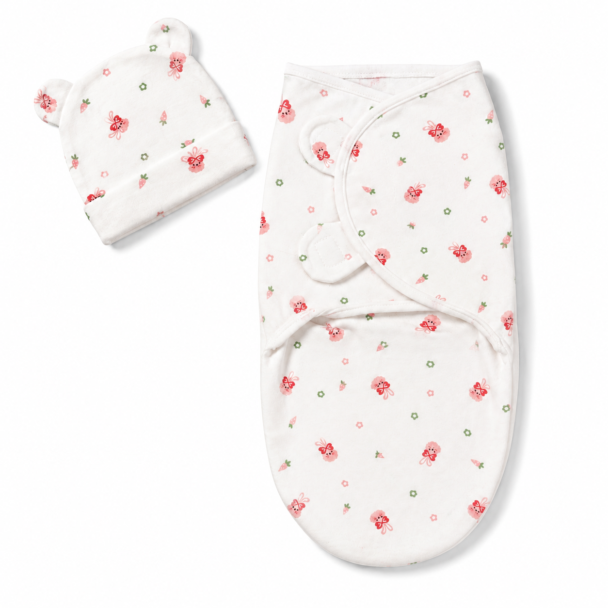 Newborn baby swaddle wrap and matching cap pink bunny print flat lay product photo