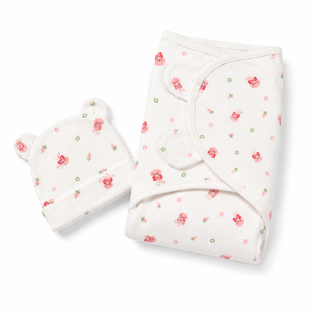 Folded newborn baby swaddle wrap with matching cap pink bunny print product photo
