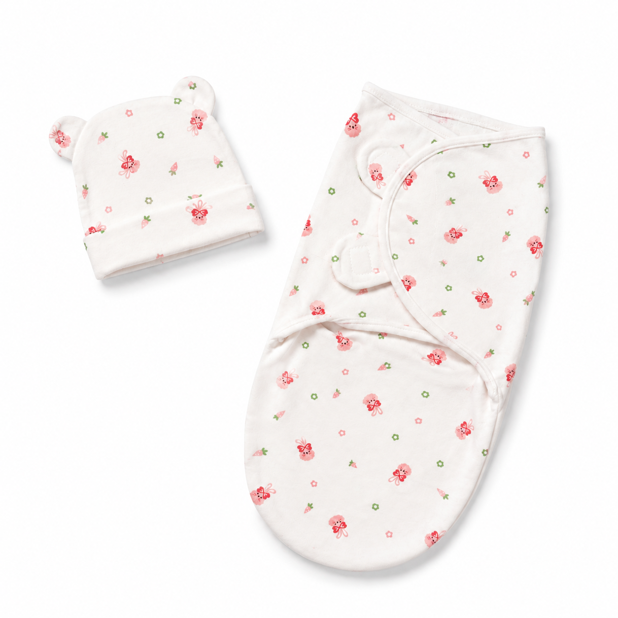 Open wrap feature shot of pink bunny print newborn baby swaddle with matching cap