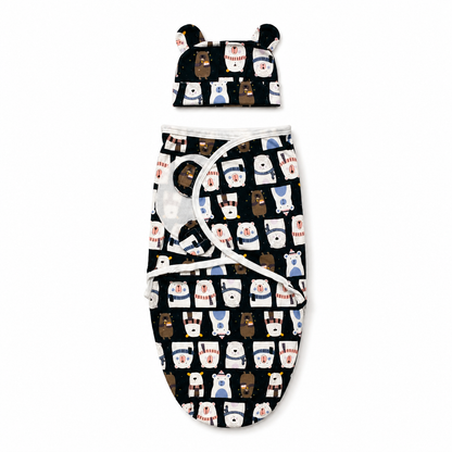 Navy bear print swaddle wrap with matching cap hero product photo