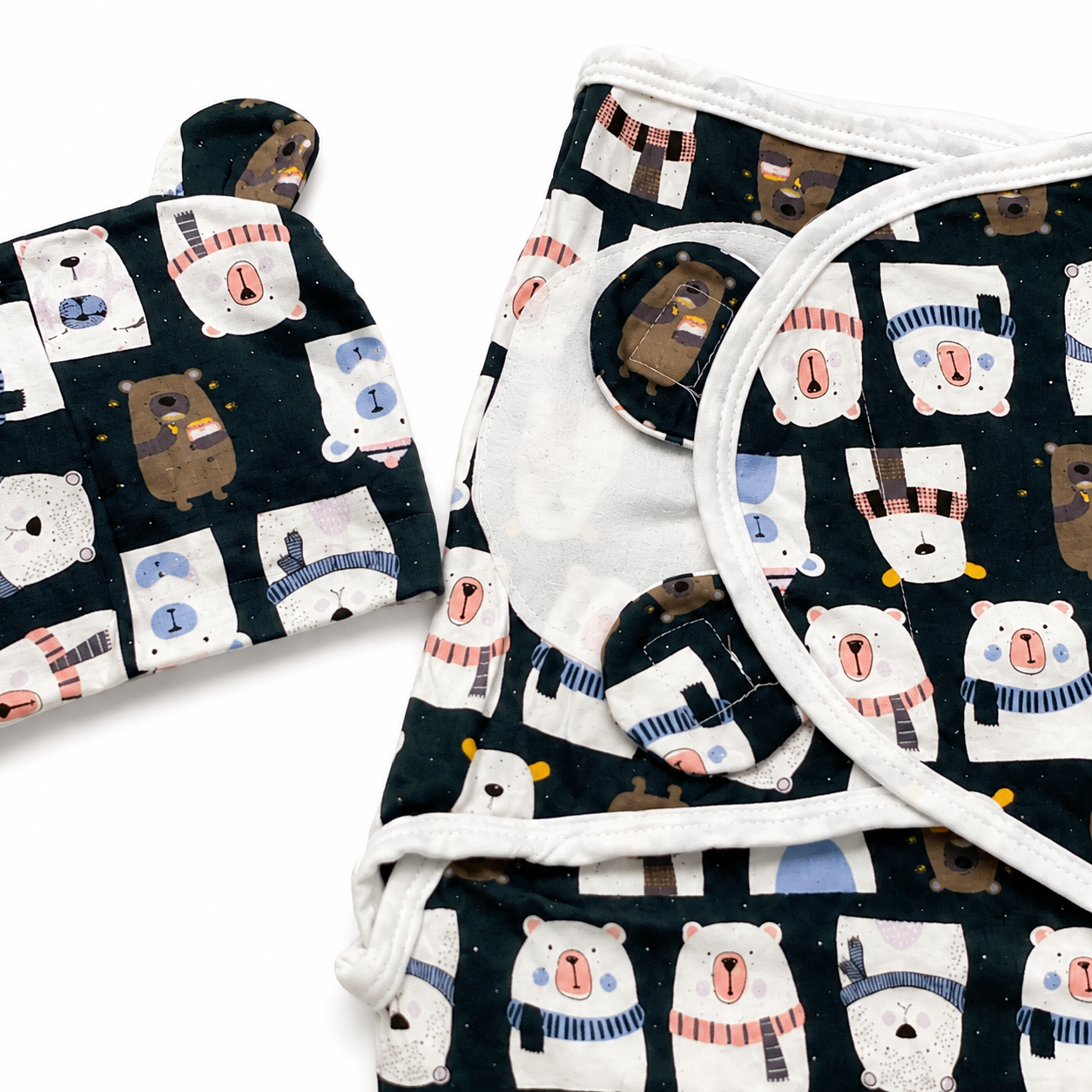 Navy bear print swaddle wrap and matching cap flat lay