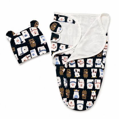 Navy bear print swaddle wrap front view with matching cap