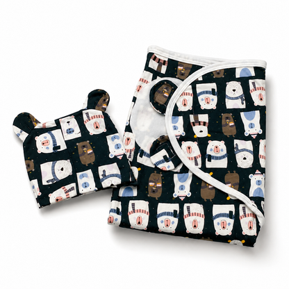 Navy bear print swaddle wrap open feature shot