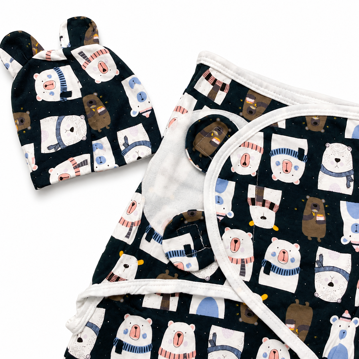 Navy bear print swaddle wrap gift-ready product photo