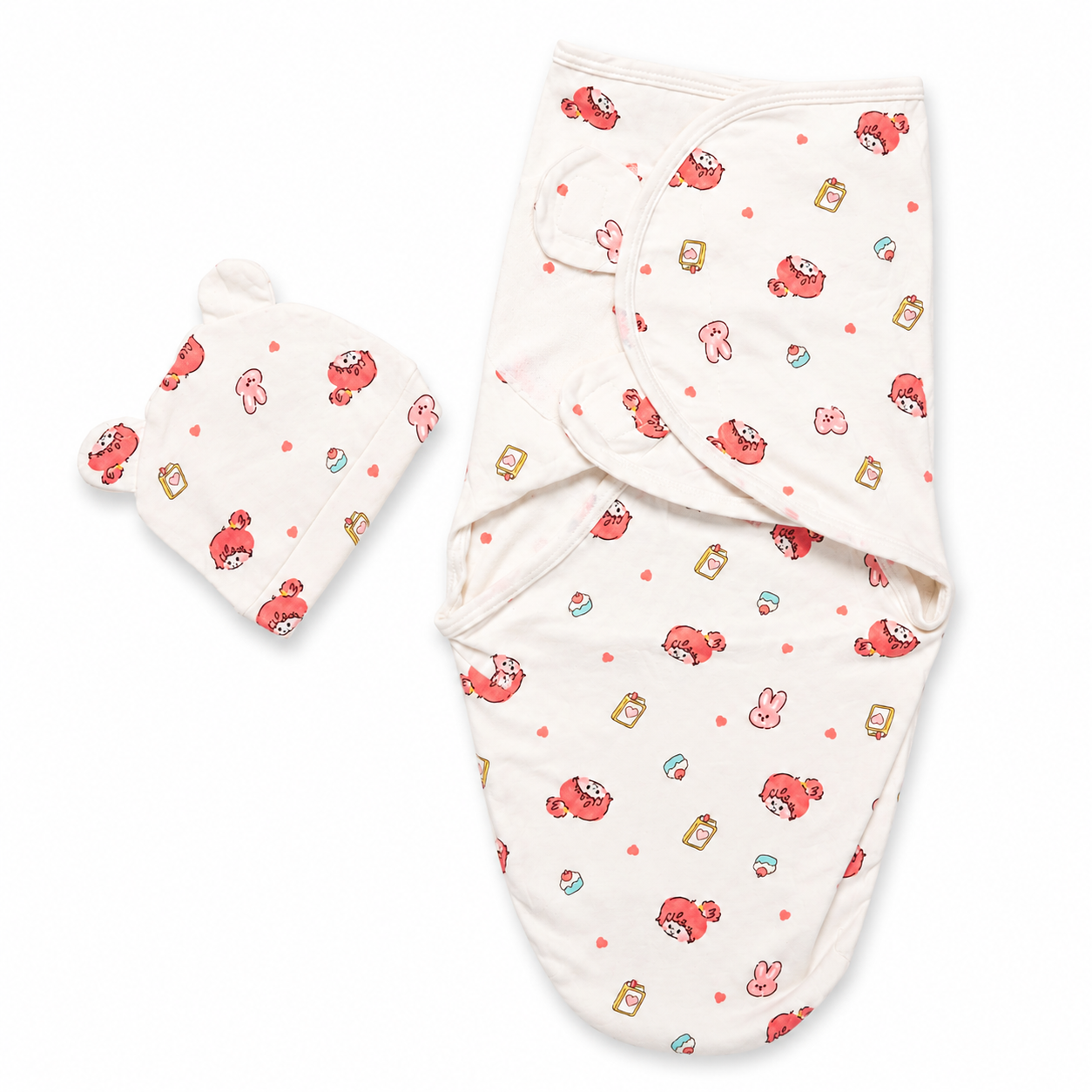 Newborn swaddle wrap with matching cap pink print hero product photo on white background