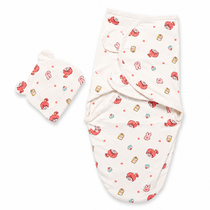 Newborn swaddle wrap with matching cap pink print hero product photo on white background