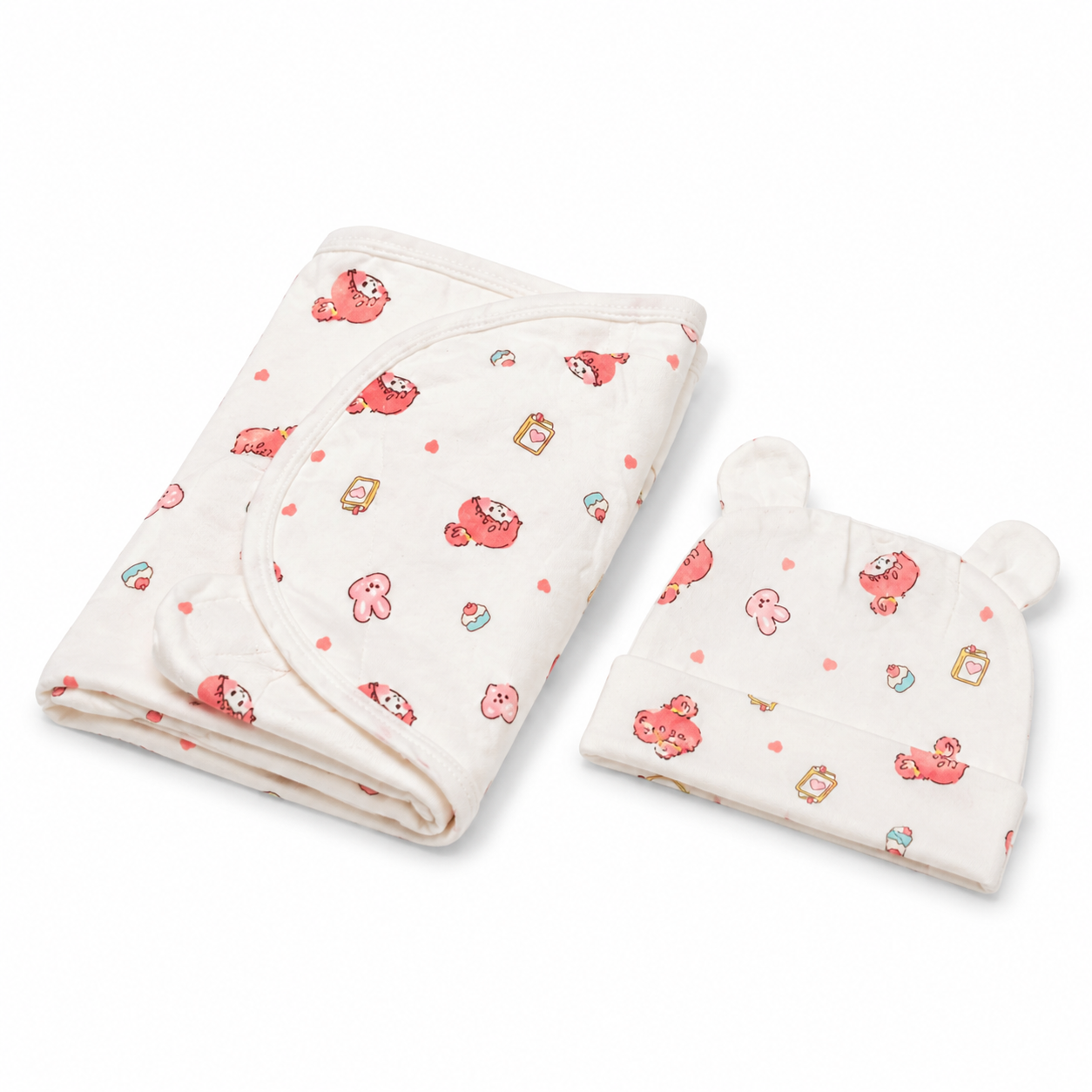 Newborn swaddle wrap folded with matching cap product photo on white background