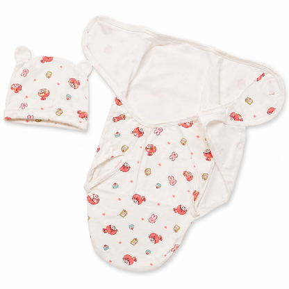 Newborn swaddle wrap opened slightly showing wrap flaps with matching cap on white background