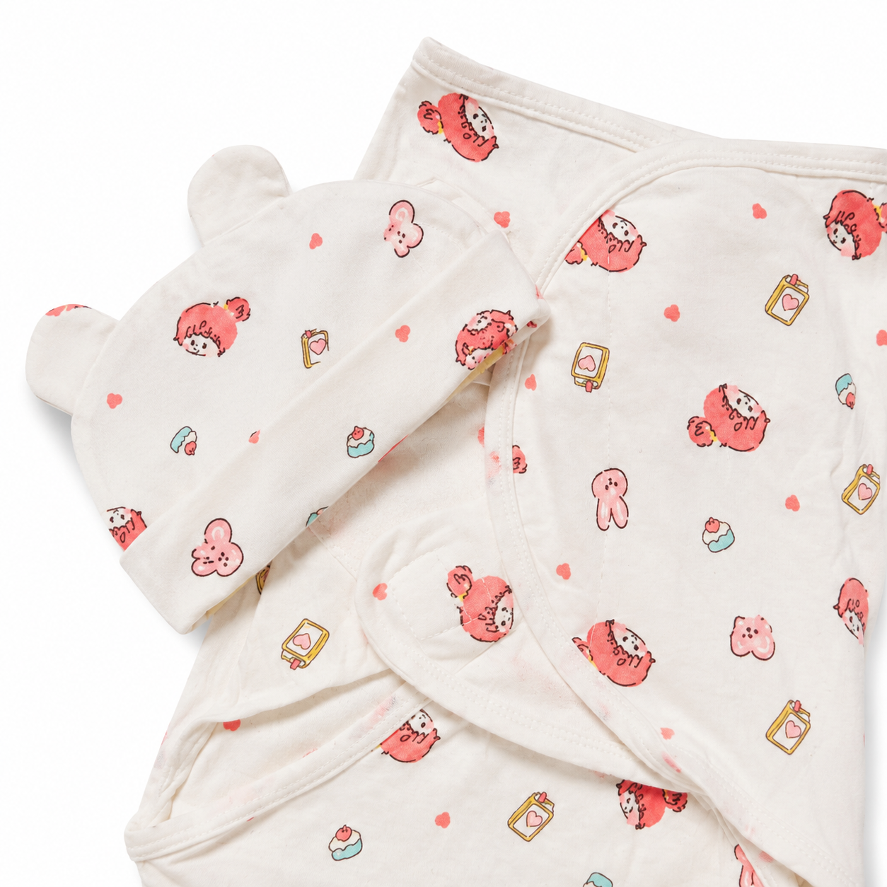 Newborn swaddle wrap front view with matching cap on white studio background