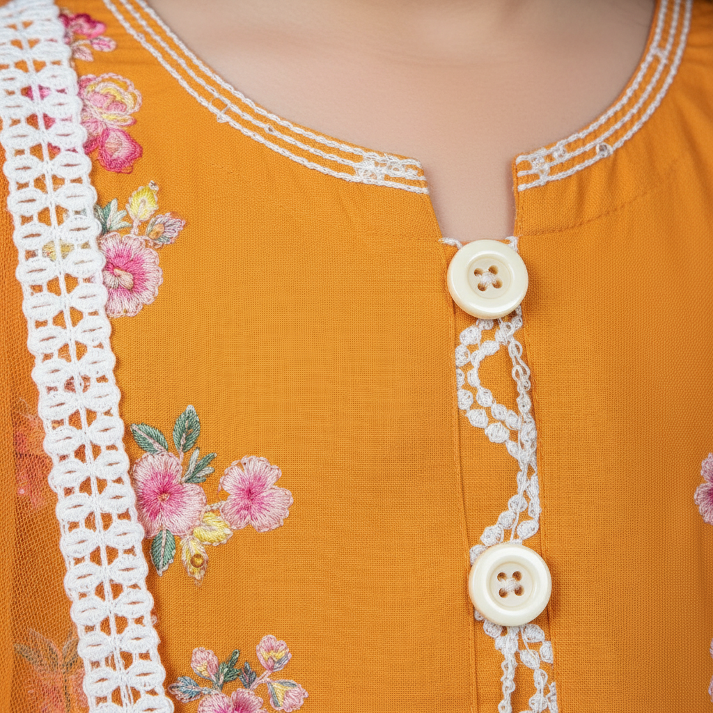 Premium Cotton Embroidered Frock - Orange 1-4Y