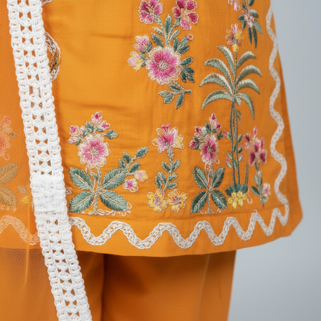 Premium Cotton Embroidered Frock - Orange 1-4Y