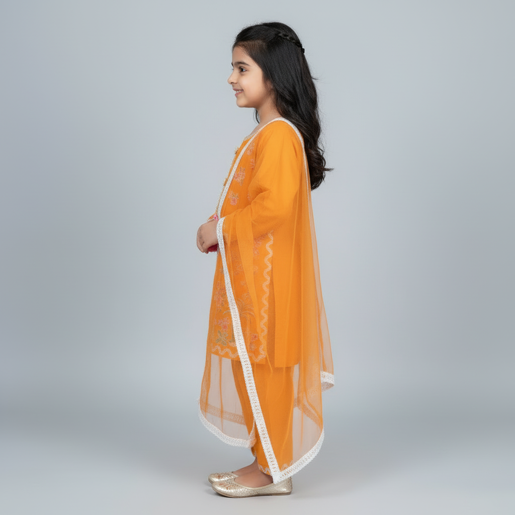 Premium Cotton Embroidered Frock - Orange 1-4Y
