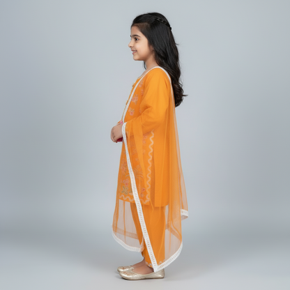 Premium Cotton Embroidered Frock - Orange 1-4Y