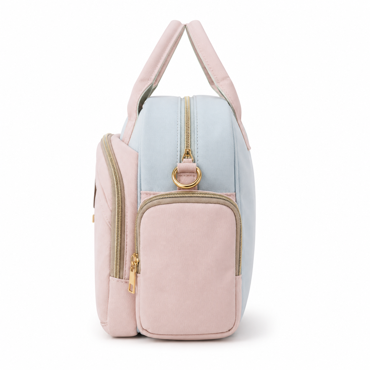 Pastel pink and blue baby diaper carry bag feature product photo