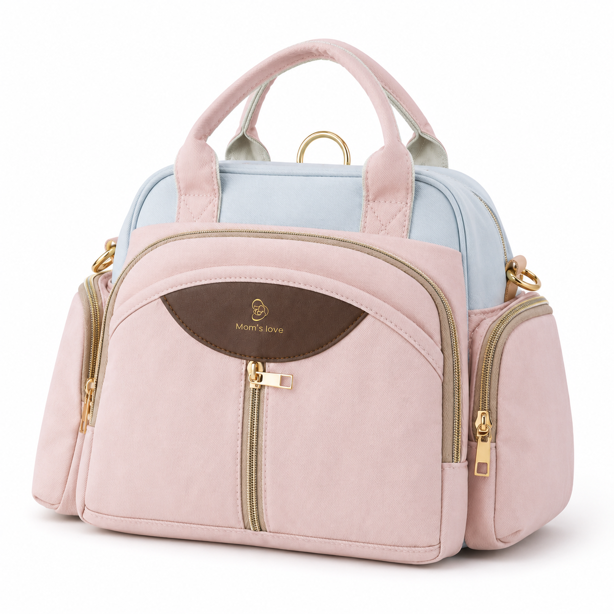 Pastel pink and blue baby diaper carry bag front view
