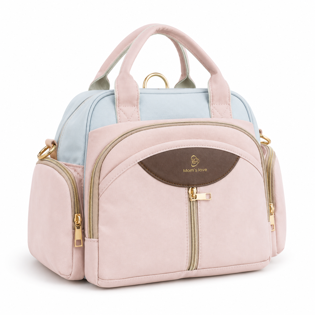 Pastel pink and blue baby diaper carry bag straight front view