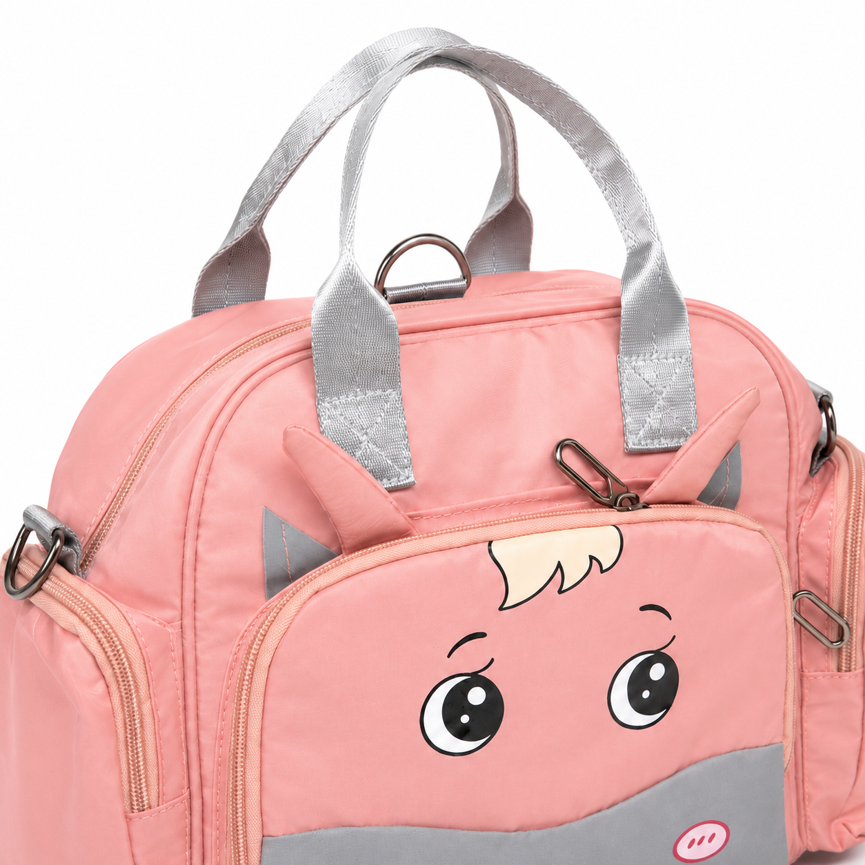 Pink cartoon carry bag side angle product photo on white background