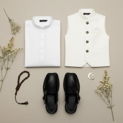 Plain White Kurta with Waistcoat and Black Peshawari Sandals - Hero