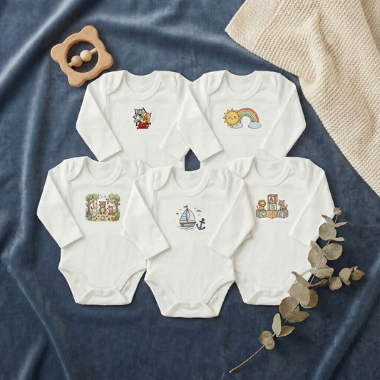 Premium Baby Bodysuit - Long Sleeve Pack of 5 - Essential Rompers for 0 - 6 Months - Comfort Cubz