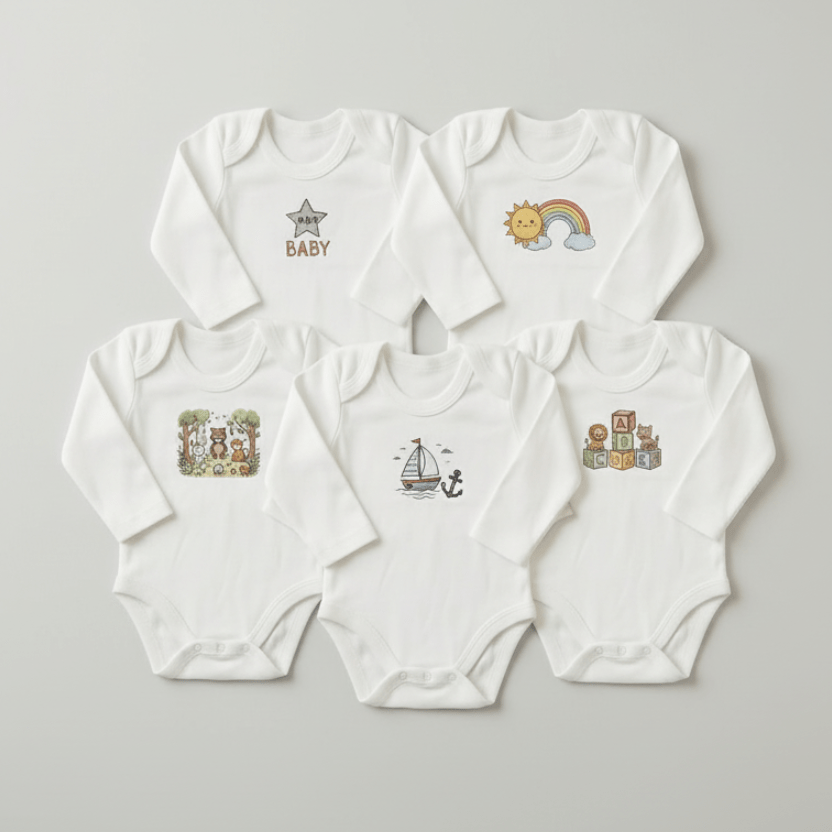 Premium Baby Bodysuit - Long Sleeve Pack of 5 - Essential Rompers for 0 - 6 Months - Comfort Cubz