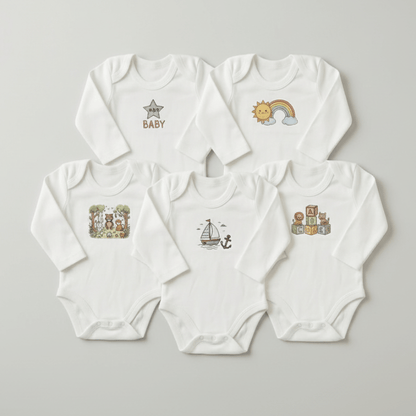 Premium Baby Bodysuit - Long Sleeve Pack of 5 - Essential Rompers for 0 - 6 Months - Comfort Cubz