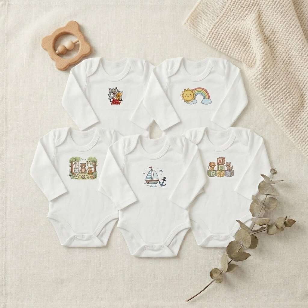 Premium Baby Bodysuit - Long Sleeve Pack of 5 - Essential Rompers for 0 - 6 Months - Comfort Cubz