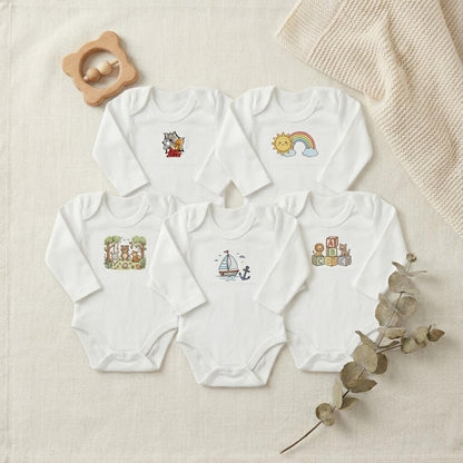 Premium Baby Bodysuit - Long Sleeve Pack of 5 - Essential Rompers for 0 - 6 Months - Comfort Cubz