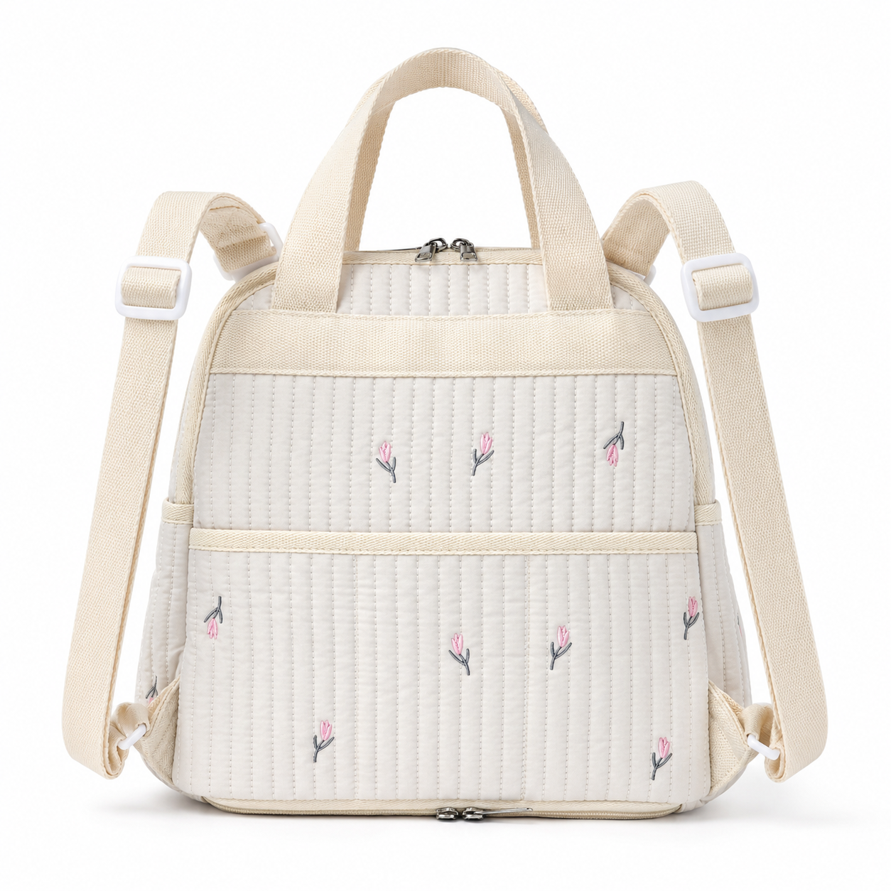 Quilted floral baby diaper backpack back view with shoulder straps