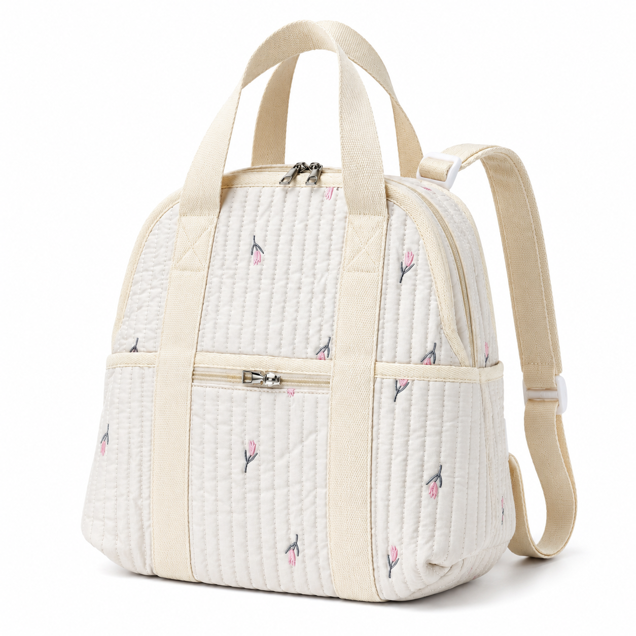 Quilted floral baby diaper backpack straight front view