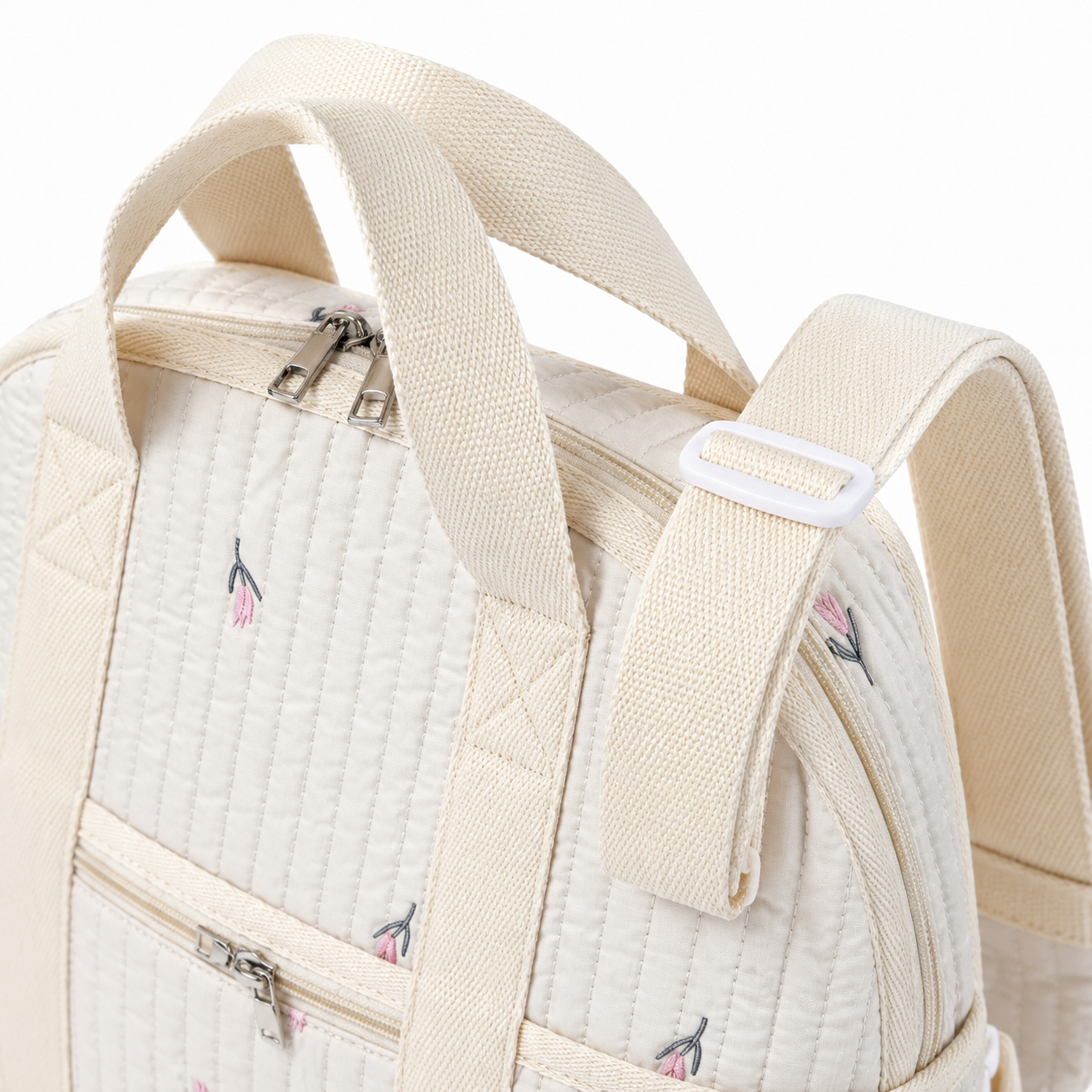 Quilted floral baby diaper backpack handle and strap detail