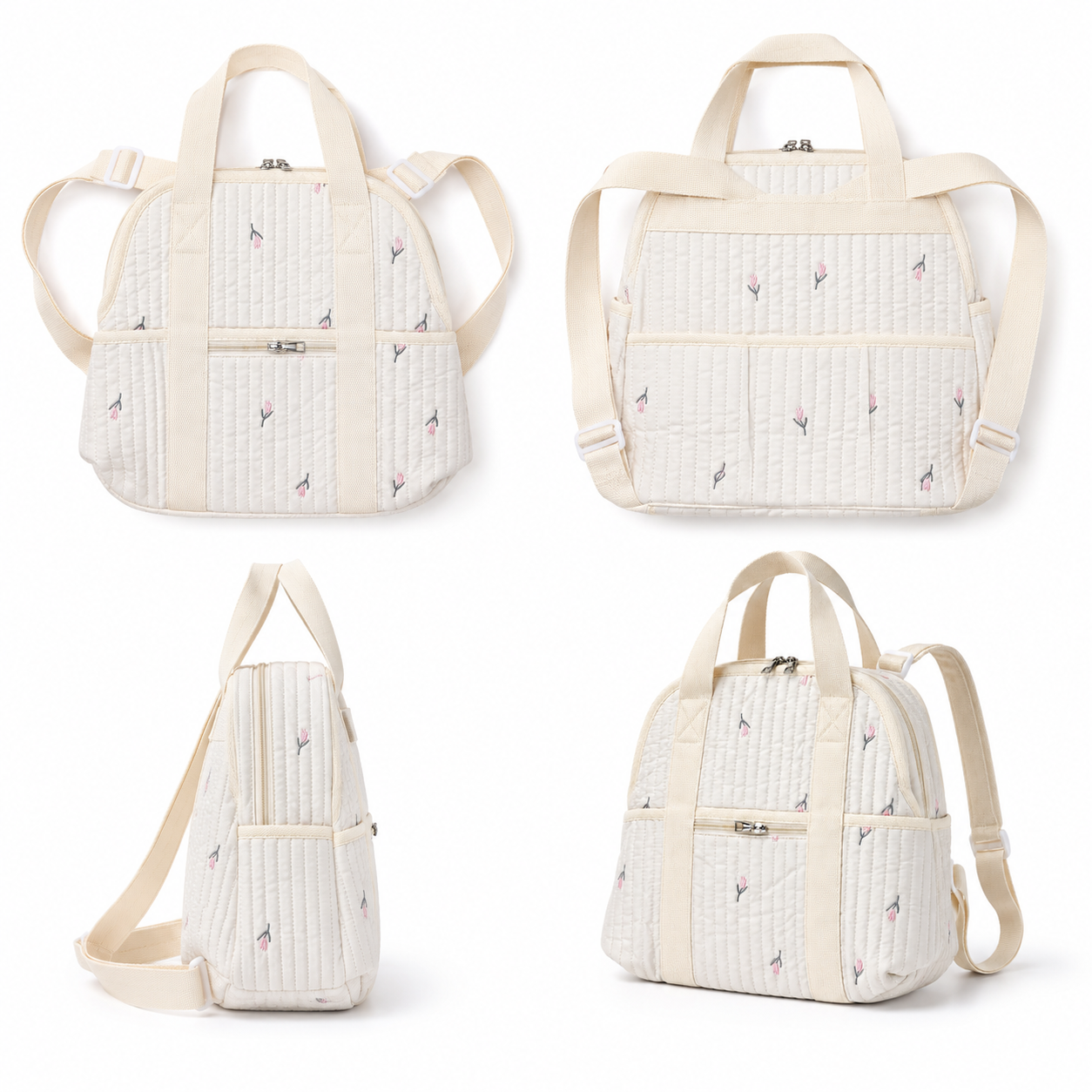 Quilted floral baby diaper backpack multiple view product set
