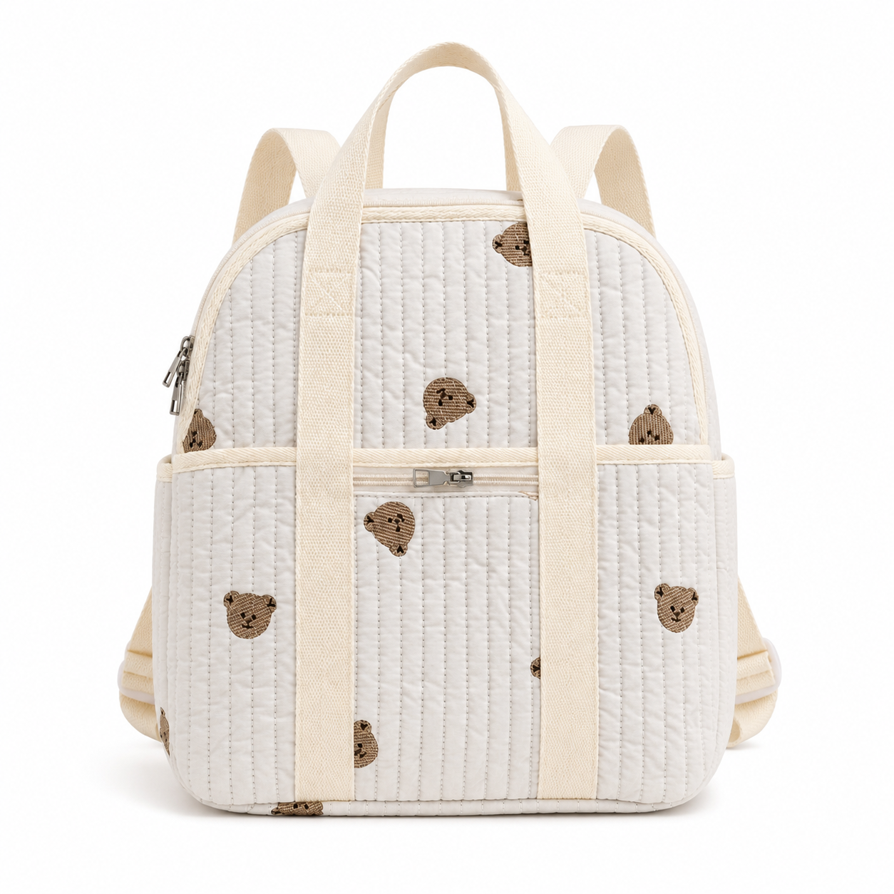 Quilted teddy bear baby diaper backpack front view on white background